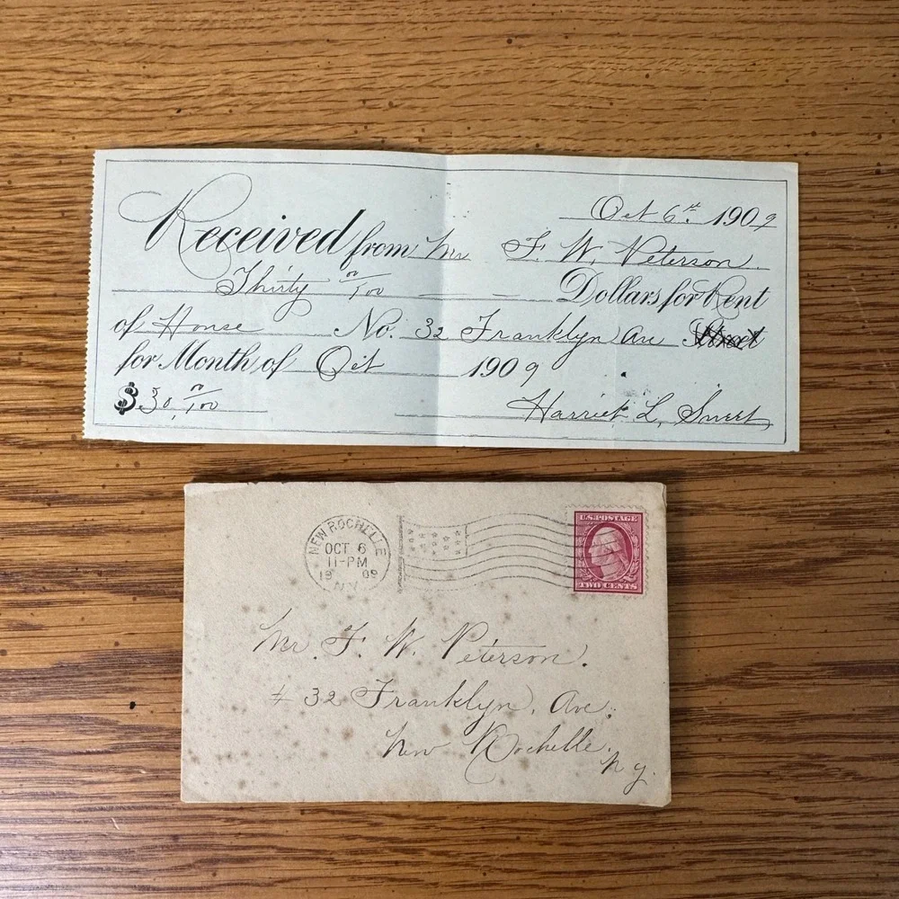 1909 Oct 6 New Rochelle NY Letter and Rent‎ Receipt with 2 Cent Stamp